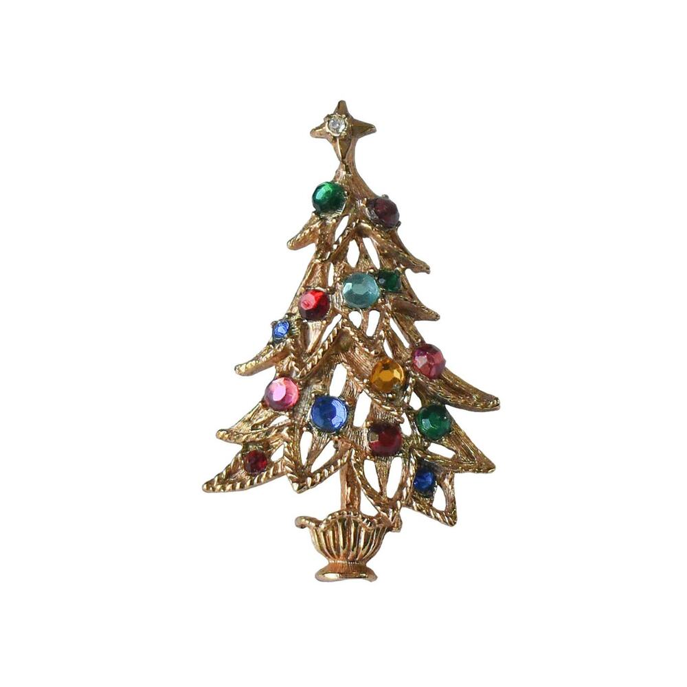 1980s Multicolor Rhinestone Open Design Gold Plate Christmas Tree Holiday Pin